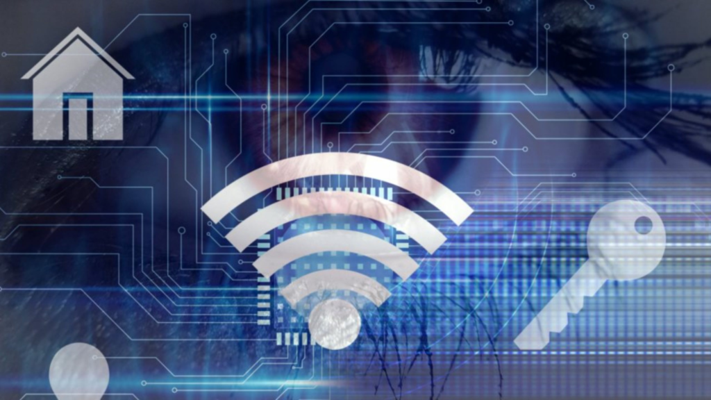 Photoillustration of a WIFI logo, key, home icon, and eye superimposed on a circuit diagram.
