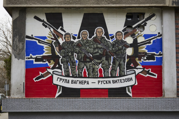 A mural in Serbia, in September, reads: “Wagner Group, Russian knights”.