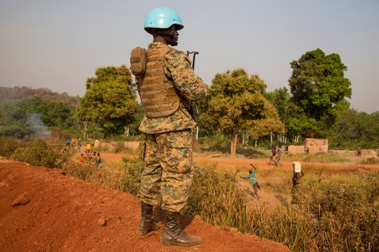 A U.N. peacekeeper keeps guard in Bria in the Central African Republic.