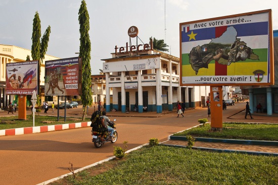 Billboards in central Bangui, the capital of the Central African Republic, promote the rival Russian and French presence in the country.