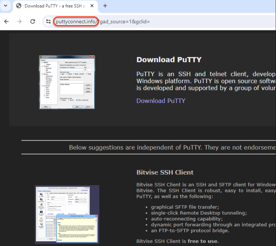 Fake PuTTY site (Source - Malwarebytes)