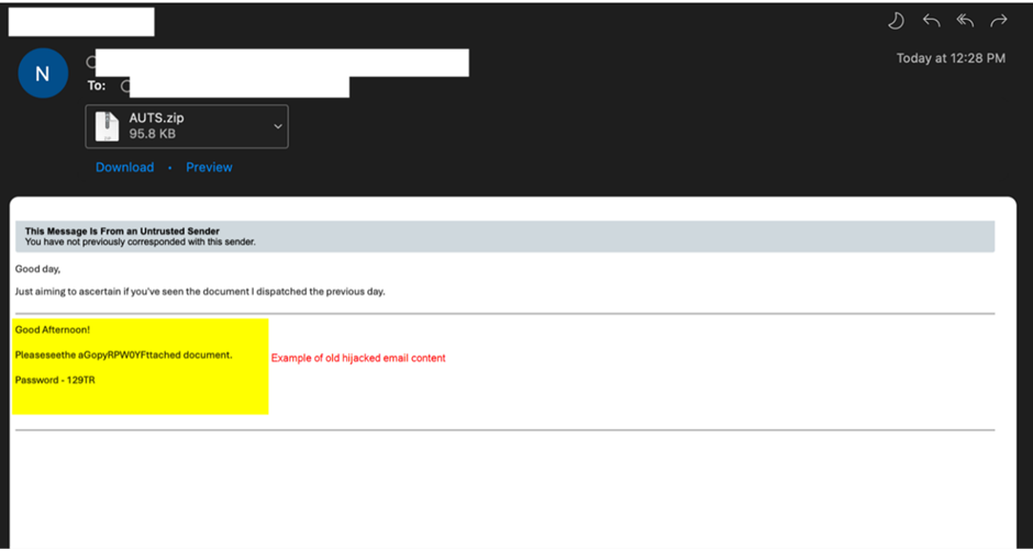 Example message using thread hijacking containing a zipped attachment containing an HTML file.