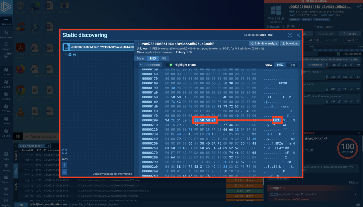 Identify UPX files by looking for the ASCII character “UPX!” in the header. 