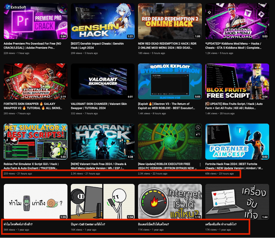 Screenshot of a suspected compromised YouTube account distributing malware comparing upload dates.