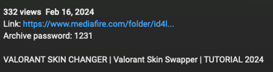 Video description containing a MediaFire URL leading to Vidar Stealer.